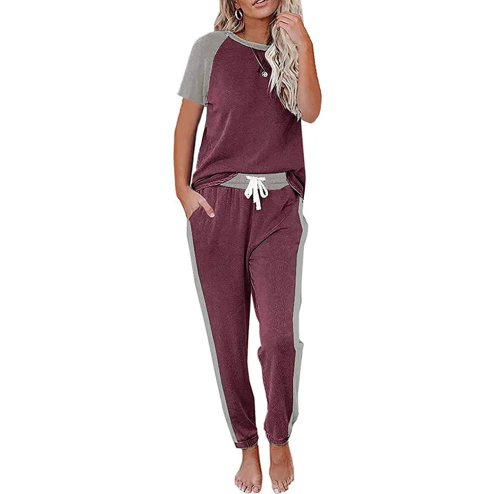 

Women's Color Matching Suit Fashion Pure Color short-sleeved two-piece At Home