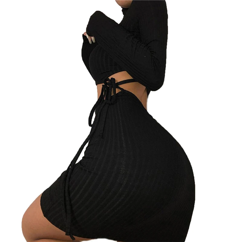 

Women's Dress Solid Color High Waist Mini Dress Long Sleeve Round Neck Fall Hollow Waist Lace-up Clothes Womens Bodycon Dresses