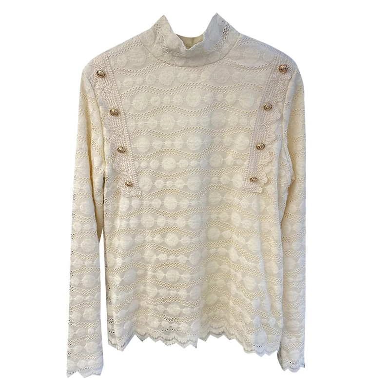

Lace bottoming shirt women's 2020 autumn winter plus velvet thickening warm long-sleeved western half high collar top