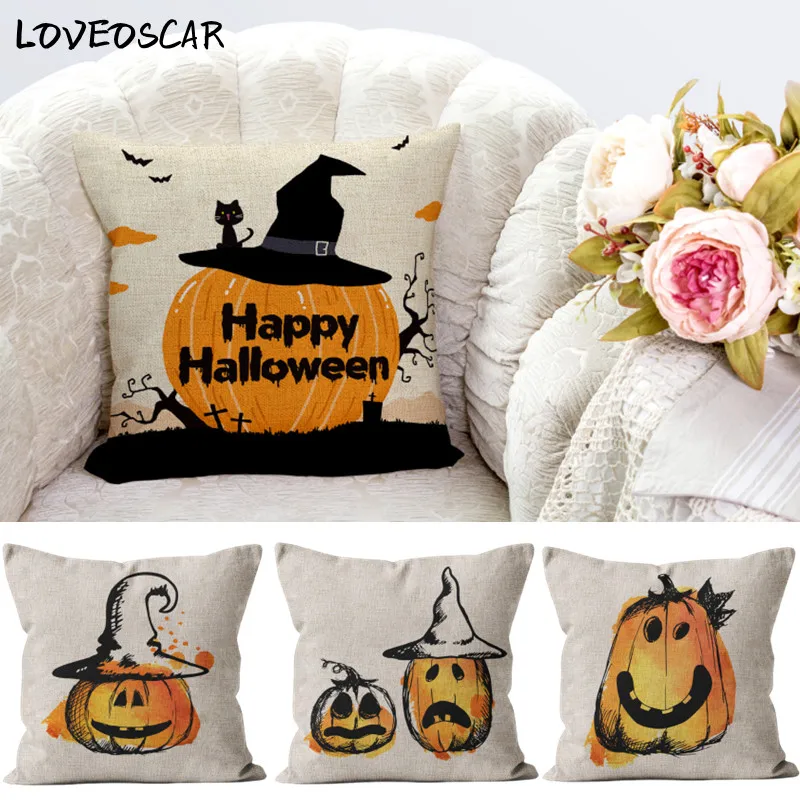 

Halloween Trick Or Treat Pillow Case Linen Pumpkin Ghost Cushion Cover 40 45 50 Home Decor Pillowcases Housse De Coussin Throw
