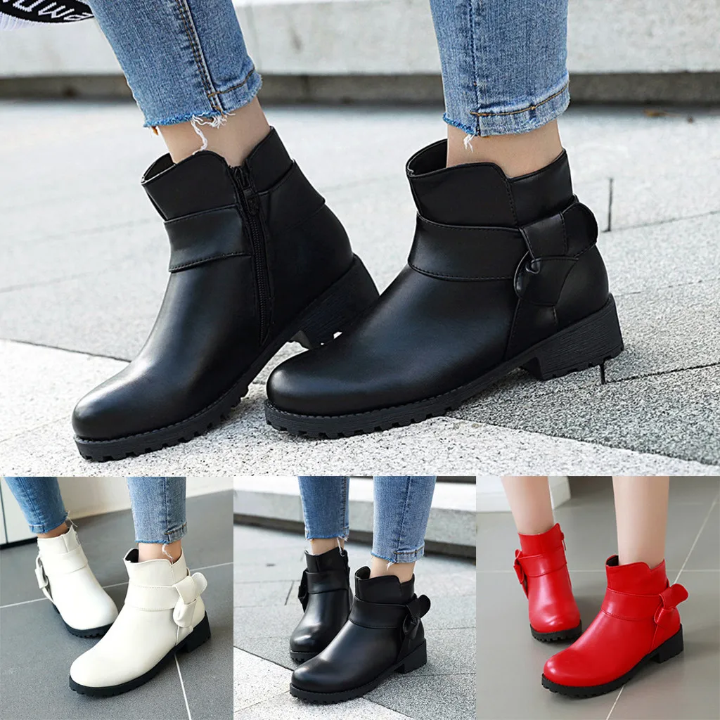 

Winter sexy leather high tube solid color women's boots zipper ankle boots fashion women's thick with round head boots