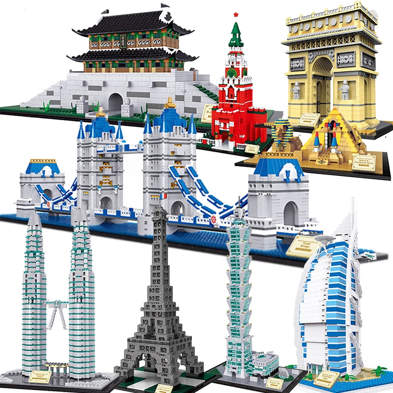 

City Architecture Mini Building Blocks Eiffel London Tower Twin Pyramid Micro Brick Kits Moc Model Notre Dame De Paris Kids Toys