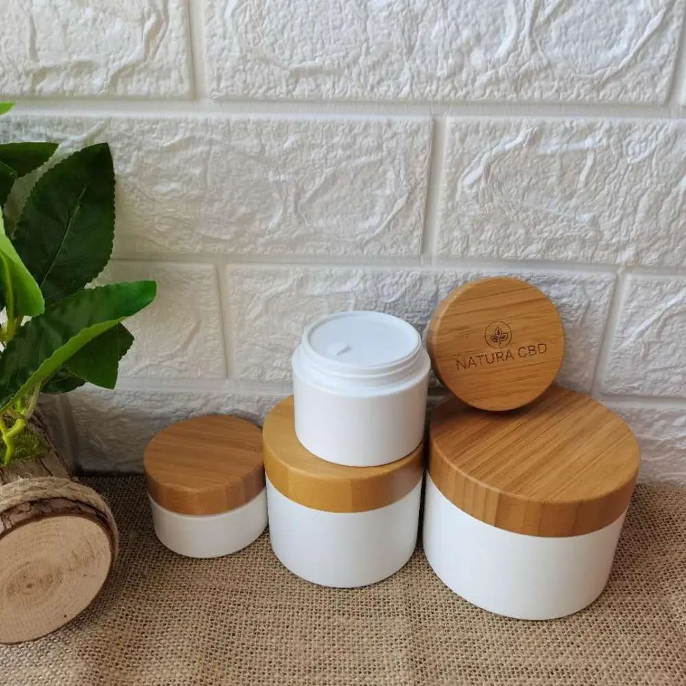 

cosmetic containers cream jar bulk 10g 30g 50g 100g 150g 200g White PP Plastic Jar with Bamboo Lid bamboo cosmetic packaging