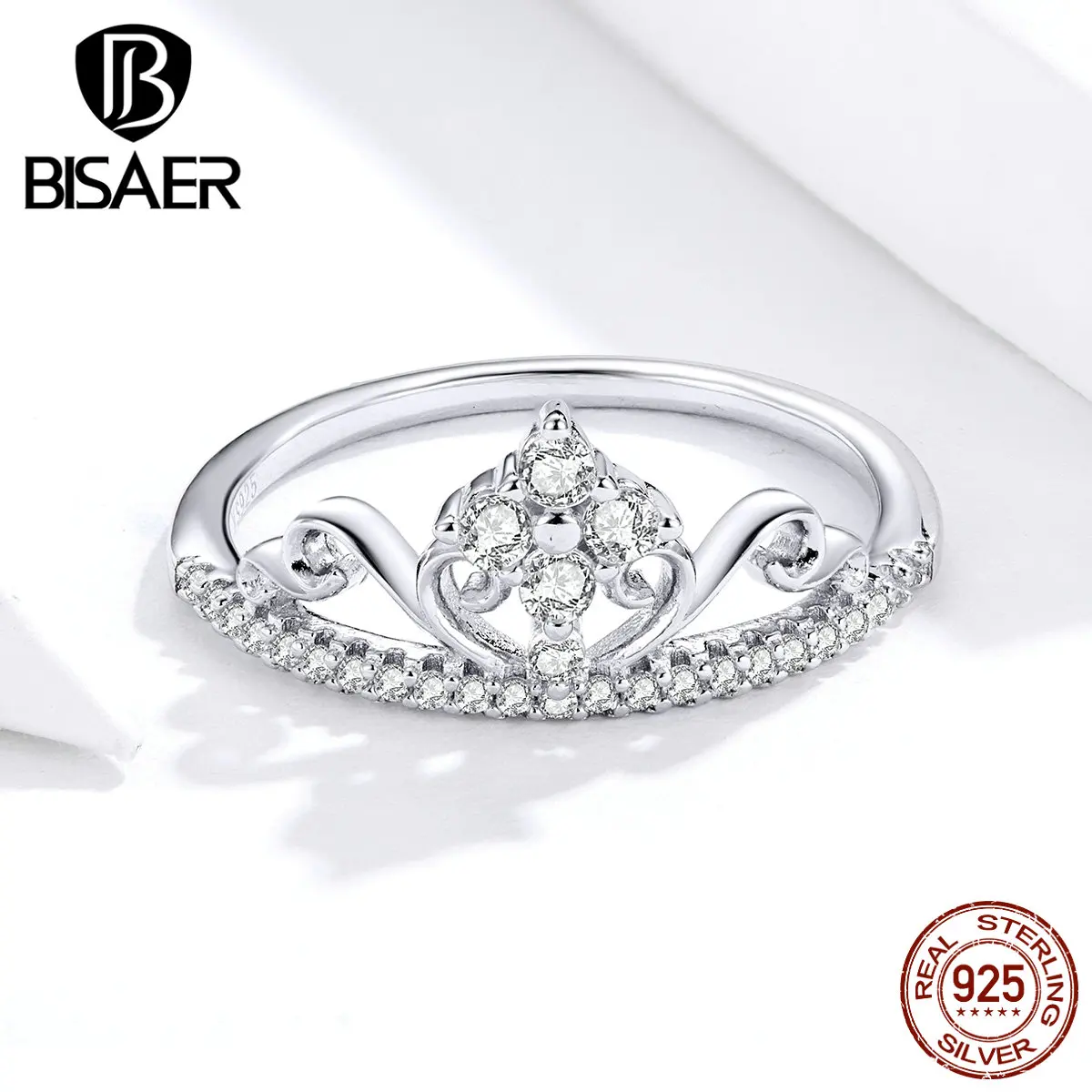 Кольца принцессы BISAER, 925 пробы, серебро, кубический циркон, принцесса, королева, корона, кольца на палец для женщин, свадебные ювелирные изделия ECR597