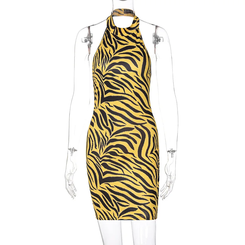 

ALLNeon 90s Aesthetics Zebra Print Backless Short Dresses Y2K Streetwear Turtleneck Open Shoulder Yellow Sexy Dress Clubwear New