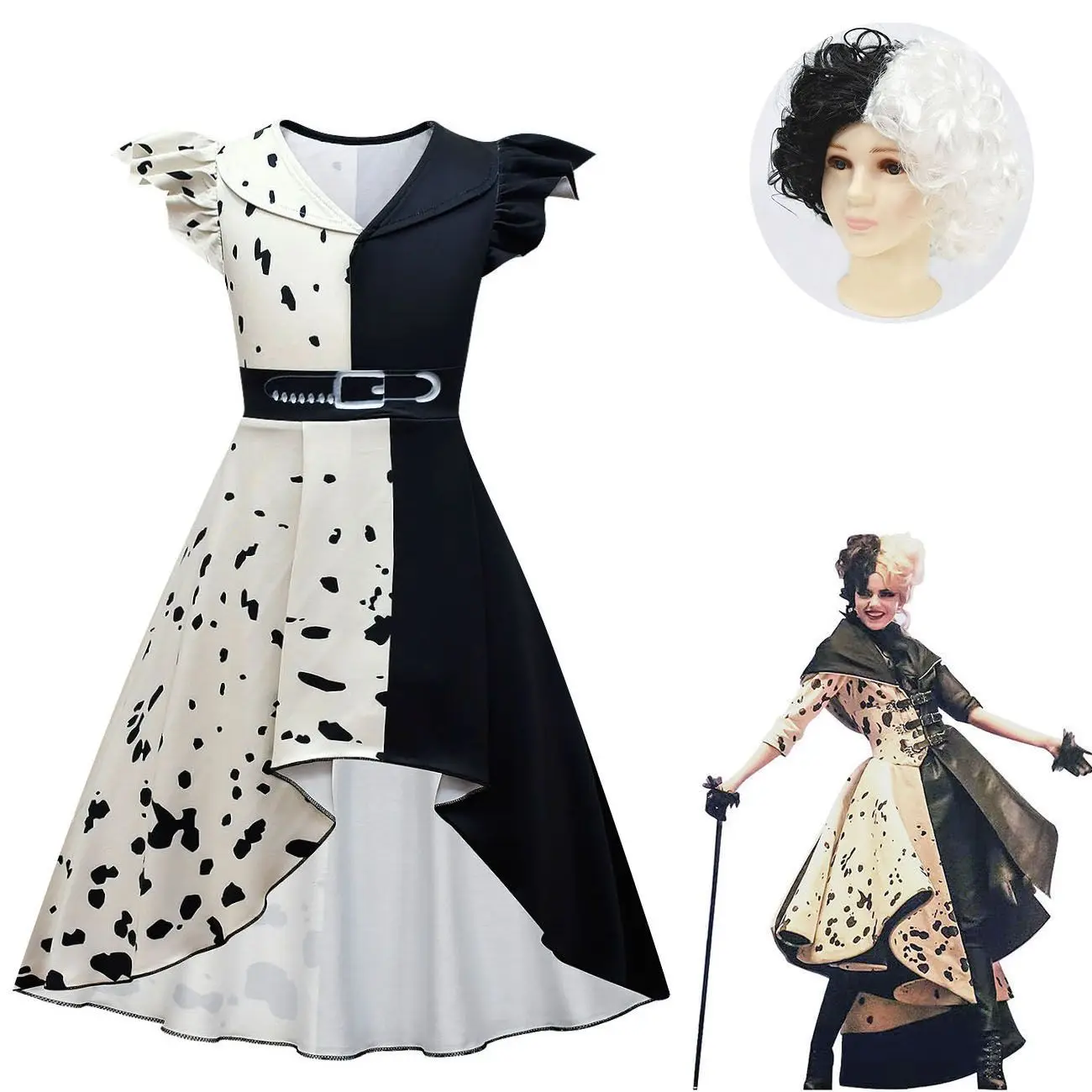 

2021 Halloween New Movie Cruella Costume Cosplay Evil Queen Black White Evening Party Dress Fashion Emma Magic Oufit dress+wig