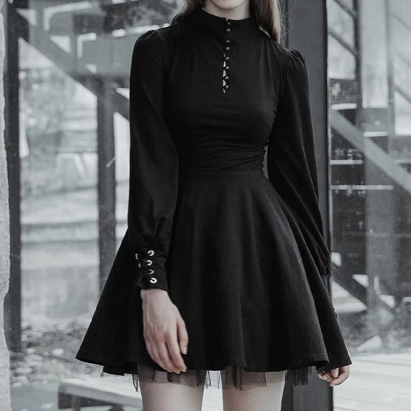 

Black Goth Women Dark Dress 2022 Autumn Lady Eyelet Lace-up Button Empire Long-sleeve Hipster Dresses Gothic Mini A-line Vestido