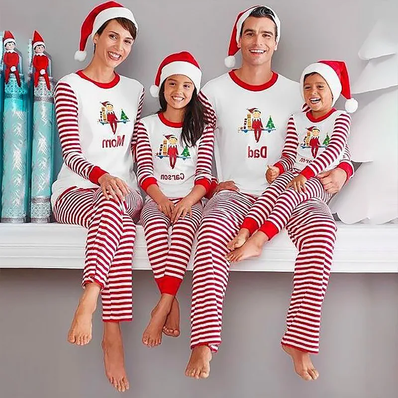 

2021 Family Christmas Striped Family Pajamas 2021 Xmas Clothes Adult Kids Home Clothes Full Sleeve Suit