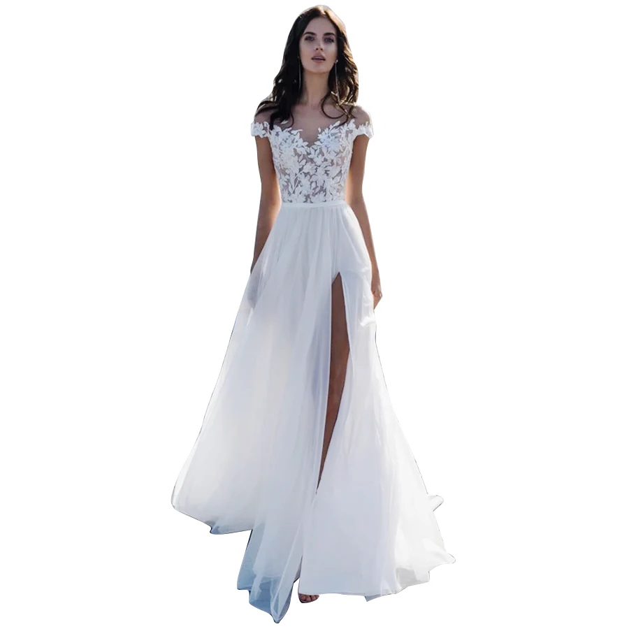 

Sexy Sheer Scoop Neck Short Sleeves Tulle Wedding Dress with Side Slit Lace Appliuque Cheap Wedding Dresses Boho Robe Mariage