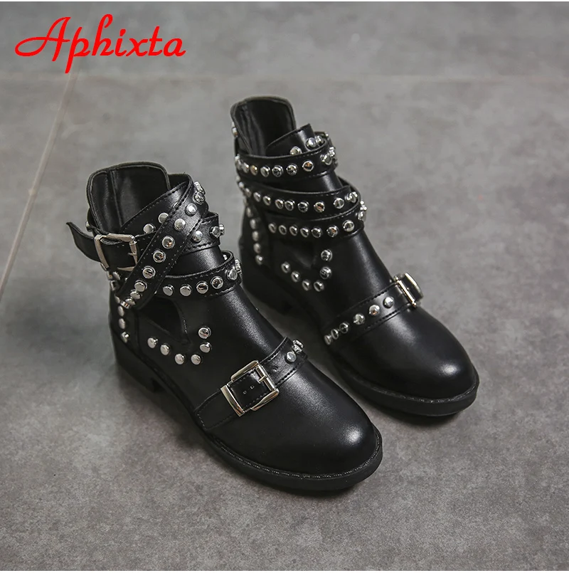 Aphixta/черные женские ботильоны с заклепками; ботинки из искусственной кожи; ремни с металлическими пряжками; женские ботинки на квадратном каблуке с шипами; обувь в байкерском стиле