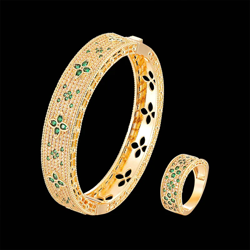 

Fateama Luxury bangle and rings women's jewelry set micro pave setting full zirconium color four-leaf flower fashion jewelry
