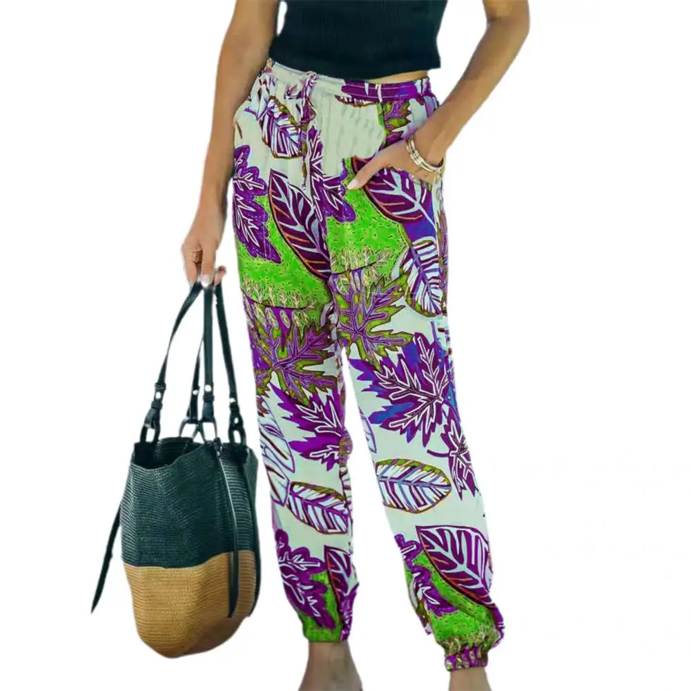 

Lady Casual Leaf Print Ankle Tied Pants Subtropical Style Beach Pants Cropped Beachwear