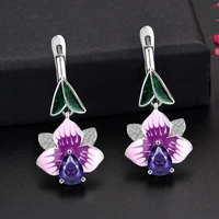 2022 new bohemia flower silver dangle earrings for women handmad enemal elegant purple crystal long drops earrings jewellery