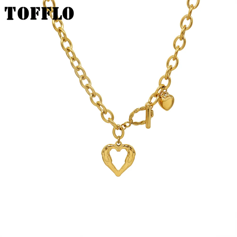 

TOFFLO Stainless Steel Jewelry Peach Heart Love Necklace Women's Fashion OT Button Clavicle Chain BSP1045