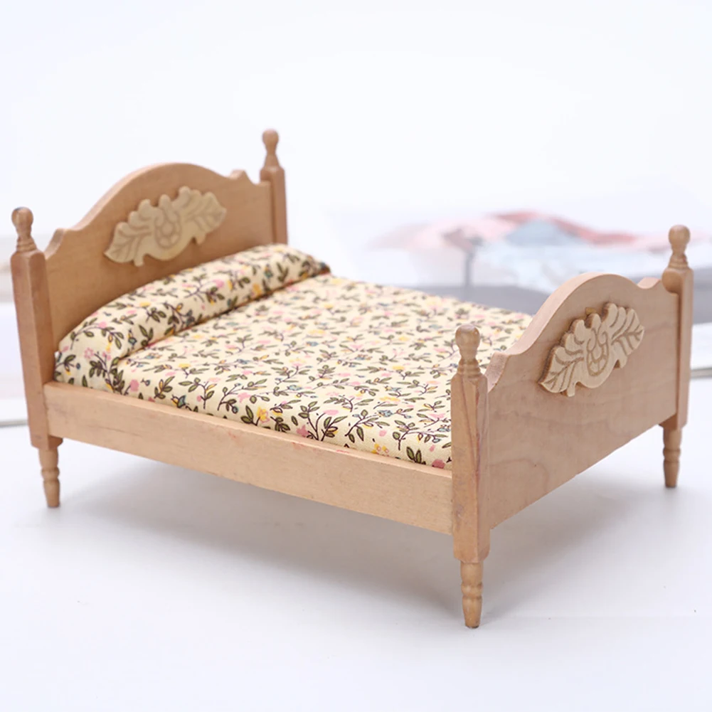 

Miniature Dollhouse Furniture Double Bed Cute Kid Gift Birch Plywood DIY Handcraft Desk Decoration Supplies
