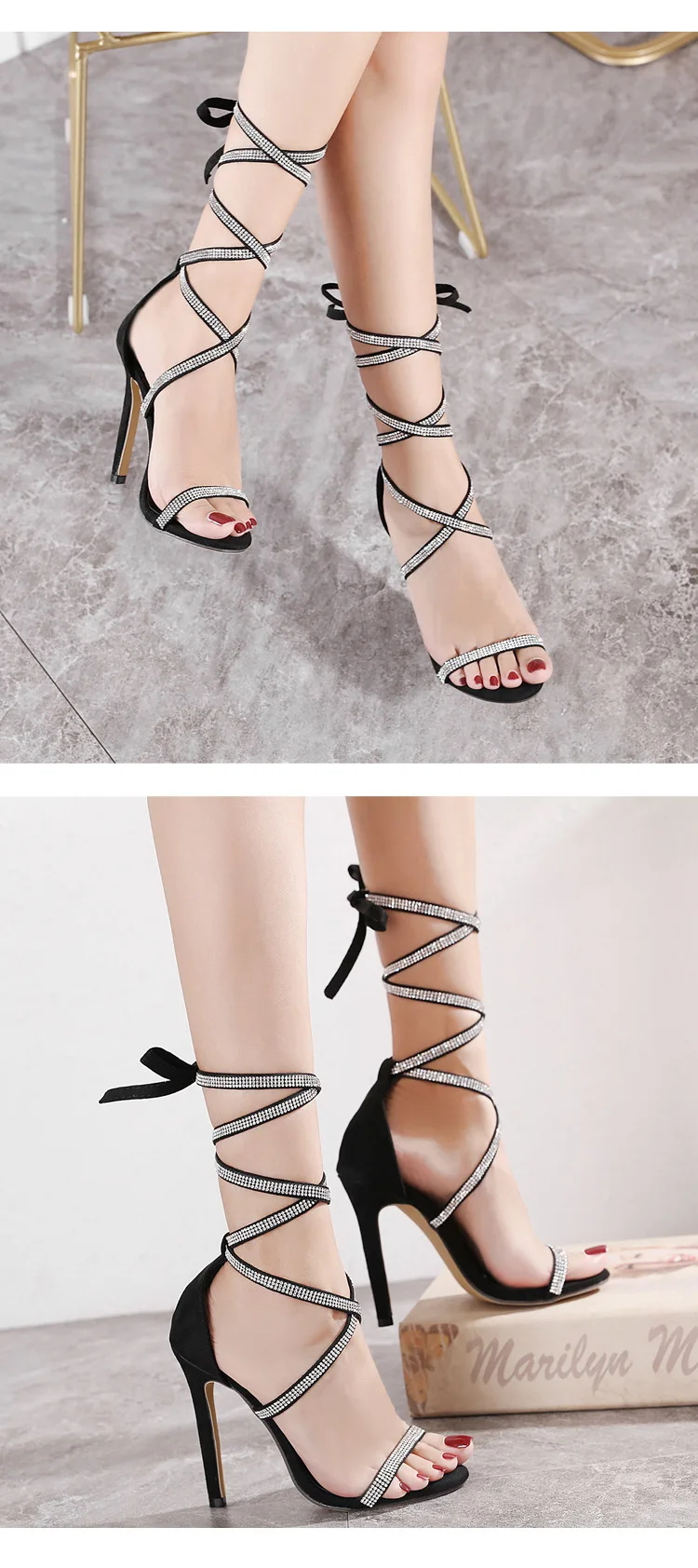 

Women Gladiator Sandals Open Toe Ankle Strap High Heel Shoes Lace Up With Crystals Summer