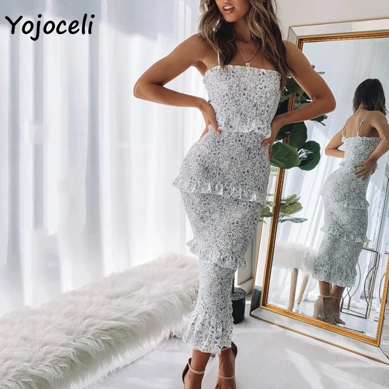 Yojoceli женское сексуальное платье миди с цветочным принтом и рюшами облегающее