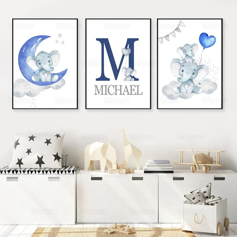 

Blue Baby Kids Room Personalized Name Custom Poster Nursery Prints Wall Art Canvas Painting Elephant Pictures for Children Room