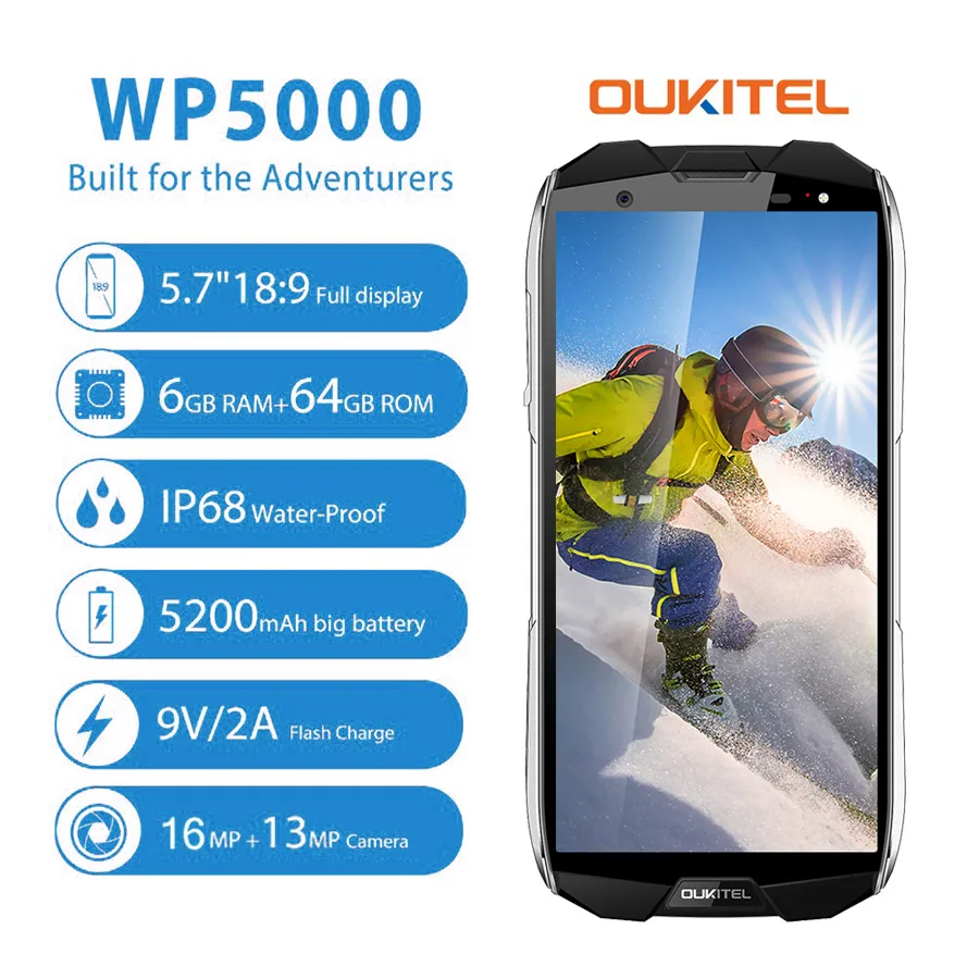 Смартфон OUKITEL WP5000 6 + 64 ГБ экран 5 7 дюйма водозащита IP68 Android 1 Helio P25 восемь ядер 5200 мАч
