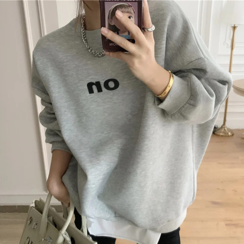 

Women's Hoodies Autumn Winter New Fashion Plus Velvet Warm Round Neck Female Personality Casual Loose Thicken Pulloevrs Tops