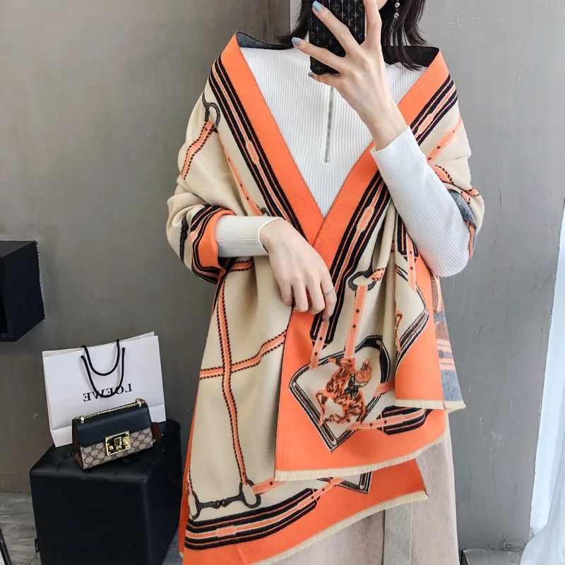 

Luxury Brand 2020 Winter Scarf Chain Cashmere Pashmina Women Scarfs Warm Thick Shawl Poncho for Ladies Scarves Foulard Femme