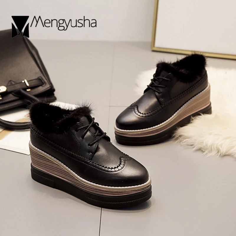 Женские ботинки на платформе обувь меху танкетке толстой резиновой подошве