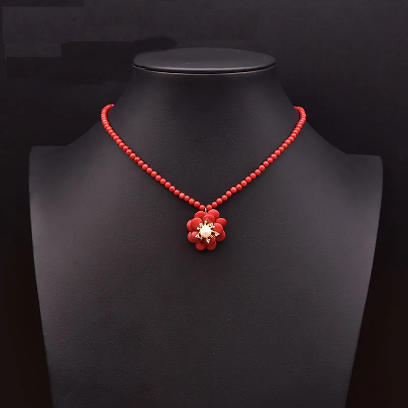 

Женское ожерелье с подвеской, винтажное ожерелье из красных коралловых бусин с натуральным пресноводным жемчугом, богемный нагрудник, бижу...