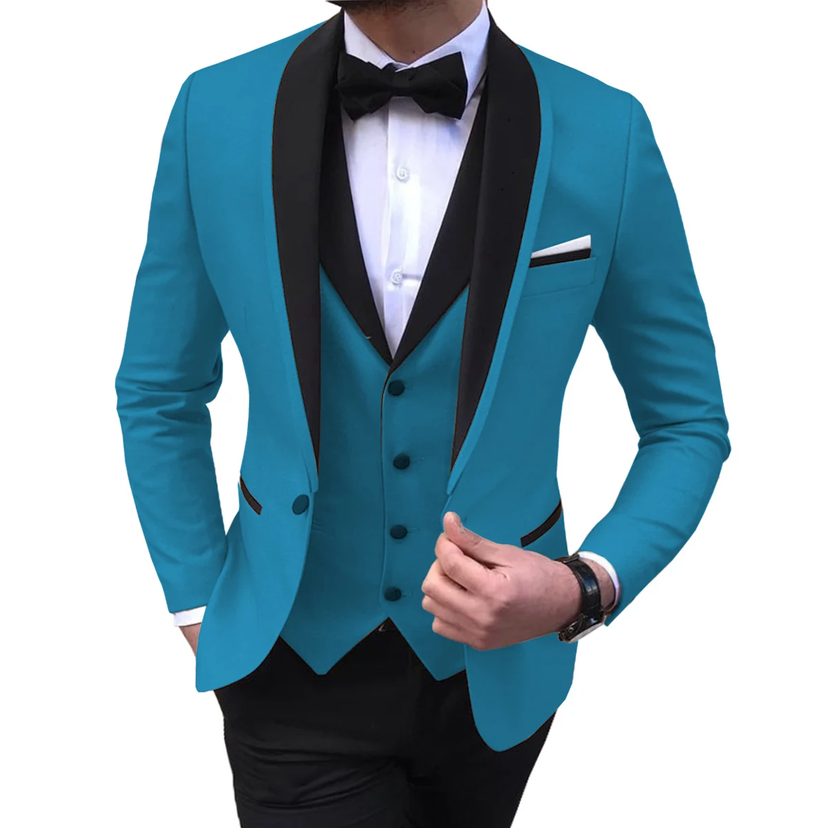 

Blue Slit Mens Suit 3 Piece Black Shawl Lapel Casual Tuxedos For Wedding Groomsmen Suit Men (Blazer+Vest+Pant)