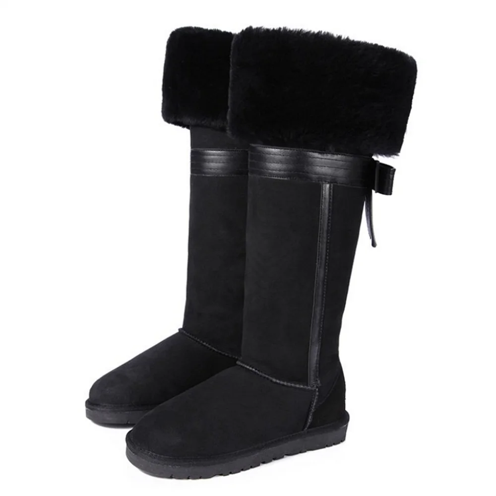 Сапоги до колена из натуральной овечьей кожи с бантом|warm shoes|sheepskin snow bootssnow boots |