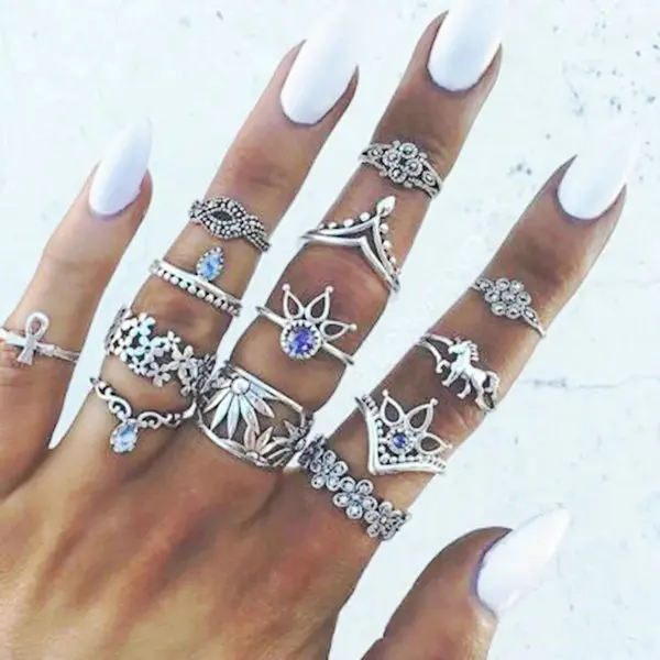 13 rings set Лидер продаж, женское кольцо с океанской звездой и луной, 13 шт. в наборе, ювелирные изделия, Ретро стиль, опал, корона, циркониевые кольца, модные женские аксессуары - Цвет основного камня: 13 rings set