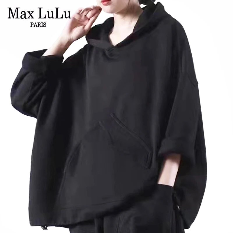Осенняя свободная Черная Толстовка Max LuLu 2021 повседневный свитшот для фитнеса