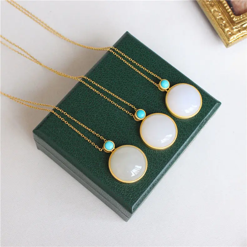 

S925 Sterling Silver Gold-Plated round Egg Surface Pendant Hetian Jade White Jade Necklace Refined and Simple Fashionable All