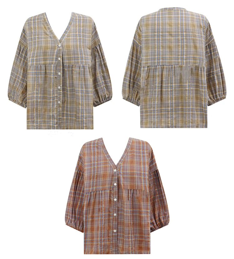 

New 2021 Summer Autumn Women's Blouses Shirts Casual Fashionable Plaid Single Breasted Lantern Sleeve Three Quarter Tops BL720