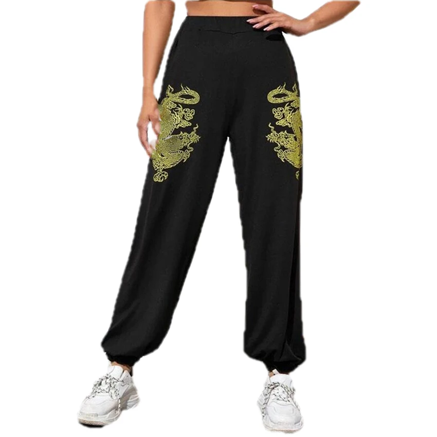 

Fashion Dragon Print Sweatpants Women 2020 Autumn Stretch High Waist Pencil Streetwear Cargo Jogger Casual Pants Black