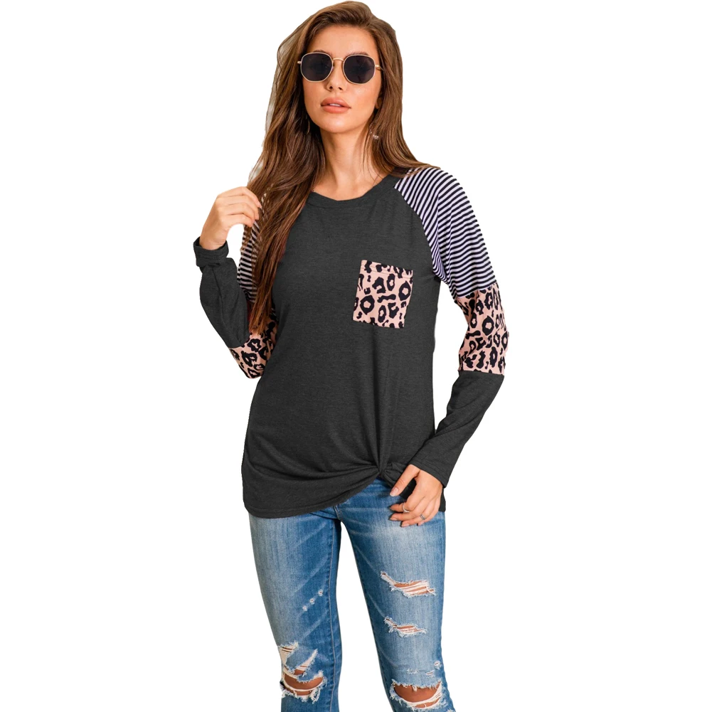

Autumn Winter Women Clothes Striped Leopard Print Stitching Cotton Long-Sleeved Slim Round Neck Tops Woman Tshirts