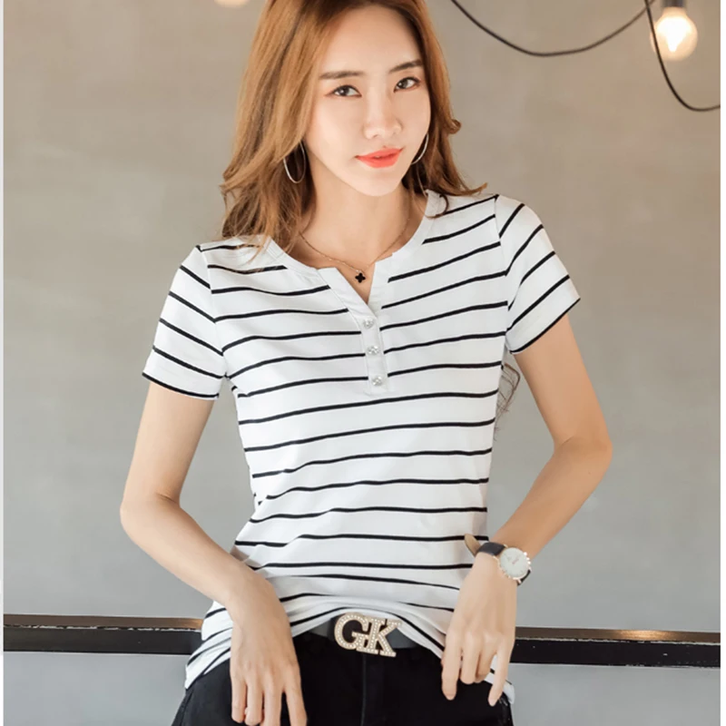 

GGRIGHT Summer Knitted V-Neck T-Shirt Women Cotton Basic Button Tee Shirt Female Short Sleeve Stripe Tops Harajuku Tshirt Ladies