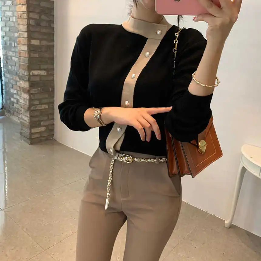 

ICCLEK JXMYY Korean version of chic retro niche design sense wild age-reducing temperament fashion single-breasted swea