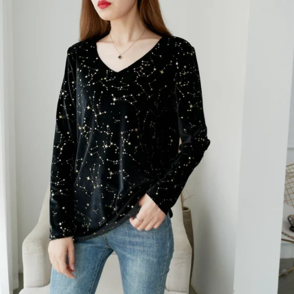 Женская Осенняя блузка с длинным рукавом блестящая Свободная V-образным вырезом