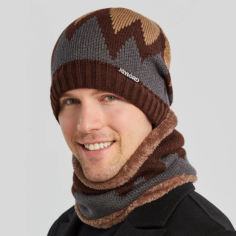 

Fashion Knitted Winter Caps for Men Thicken Velvet Warm Beanie Hats Neck Scarf Set Outdoor Windproof Caps Bonnet