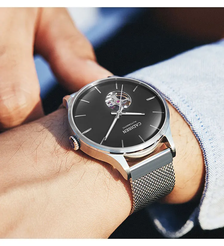 

CADISEN Luxury brand Men's Watches Stainless Steel Skeleton Mechanical Wristwatches male waterproof montre homme automatique+Box