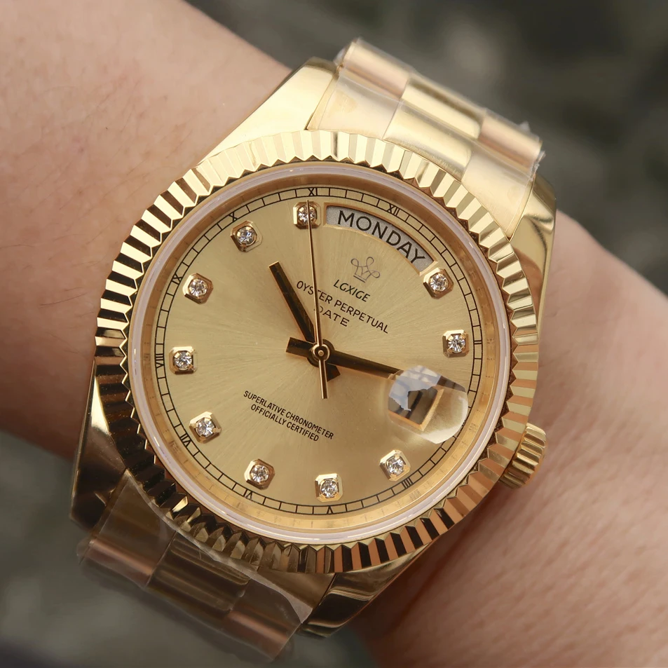 Часы наручные Lgxige мужские золотистые брендовые Роскошные с датой в деловом стиле