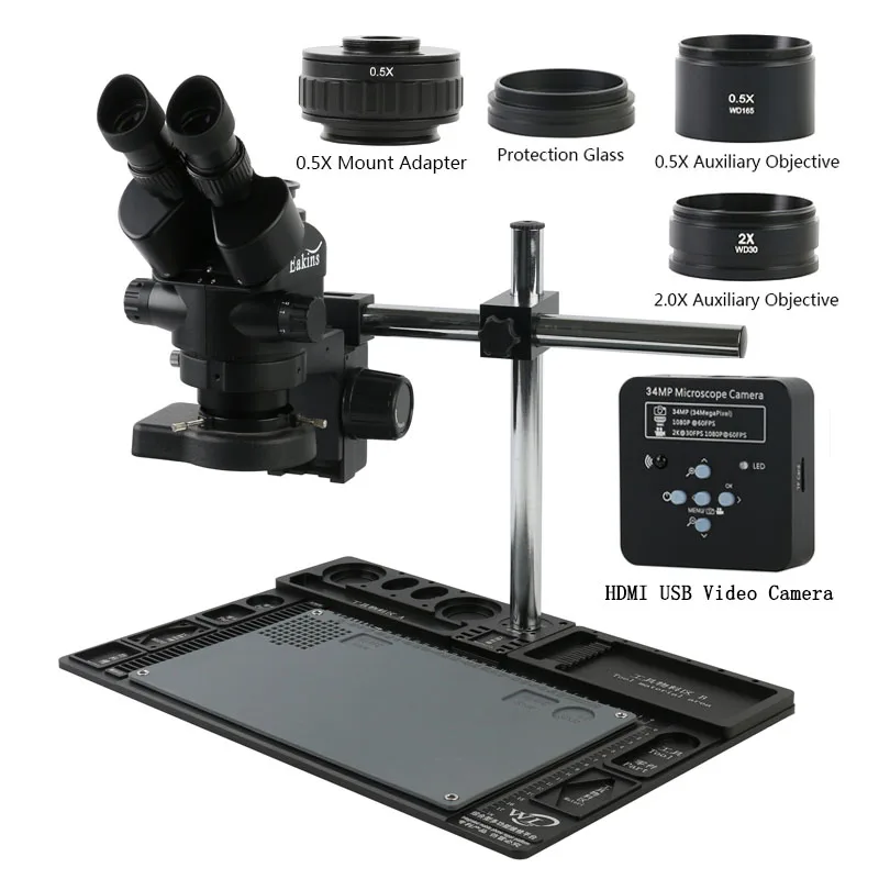 

3.5X-90X Simul-Focal Continuous Zoom Trinocular Stereo Microscope 1080P 34MP HDMI USB TF Video Camera + Aluminum Workbench Stand