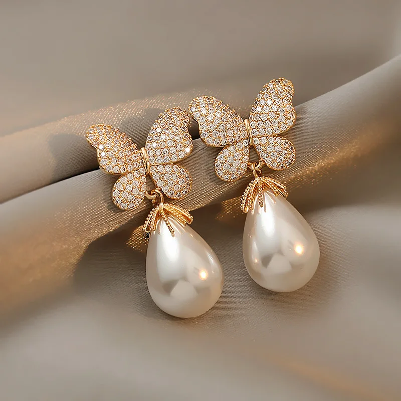 

LOVOACC Elegant Shinning Rhinestones Butterfly Dangle Earrings for Women Waterdrop Pearl Insect Wing Earrings Wedding Jewelry