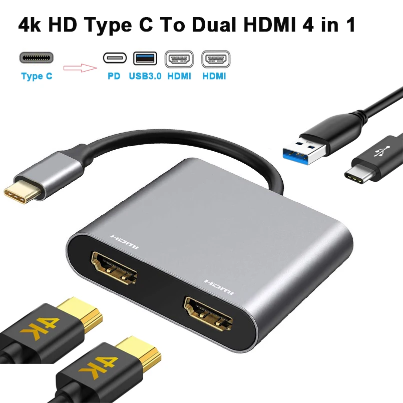 

Type C To Daul HDMI-compatible 4K VGA USB C 3.0 87W PD Hub Adapter for MacBook Nintendo Samsung S9 Dex Huawei P20 Xioami 10 TV