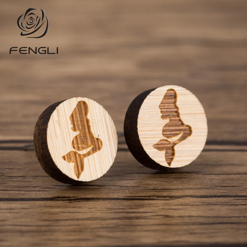 FENGLI древние серьги русалки маленькие деревянные гвоздики ручной работы с