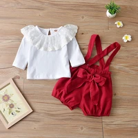 spring baby girls clothes set long sleeve lace collar white topsred suspender shorts 2pcs girl outfits party childrens sets
