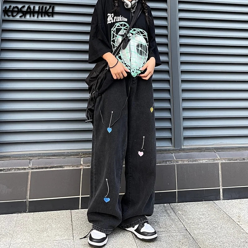 

Женские винтажные свободные прямые широкие брюки с высокой талией и вышивкой сердца