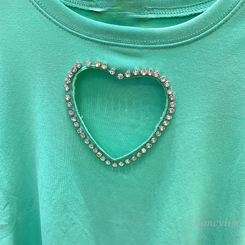 

Hollow Diamond Heart Round Neck Loose All-Matching Short Sleeve T-shirt Women Summer Top All-Match Slim Tees 2021 Nancylim