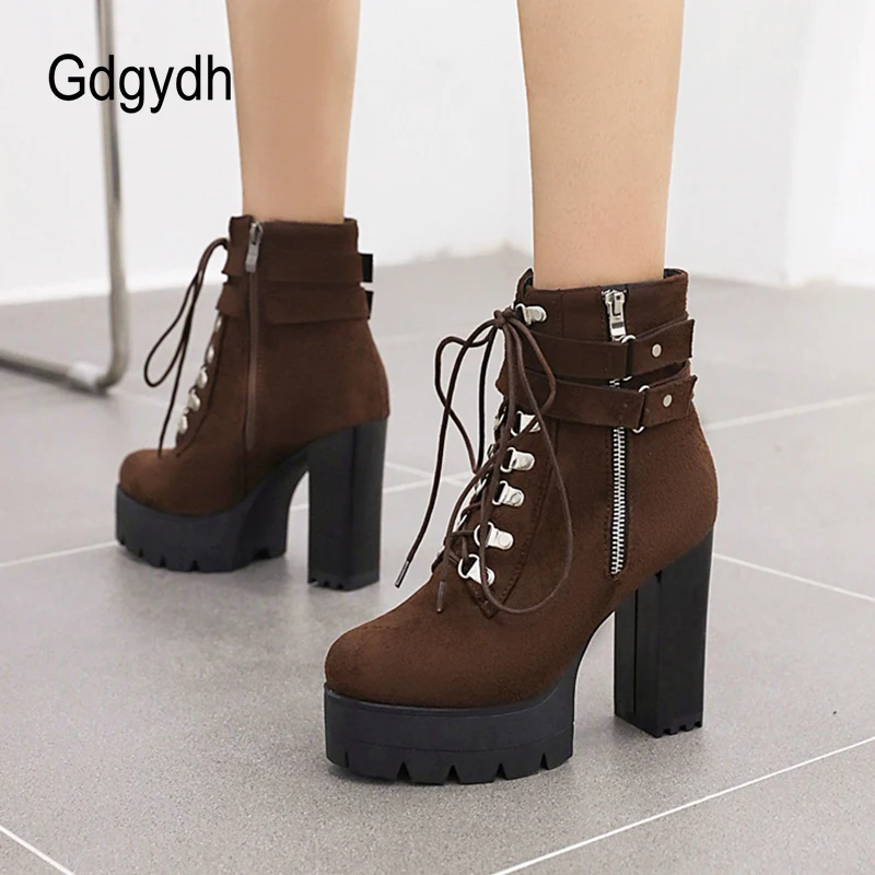 Gdgydh Belt Buckle Ankle Boots High Platform Heels Shoes Cross Tied Office Lady Autumn Boots Street Style Fashion Zip Plus Size