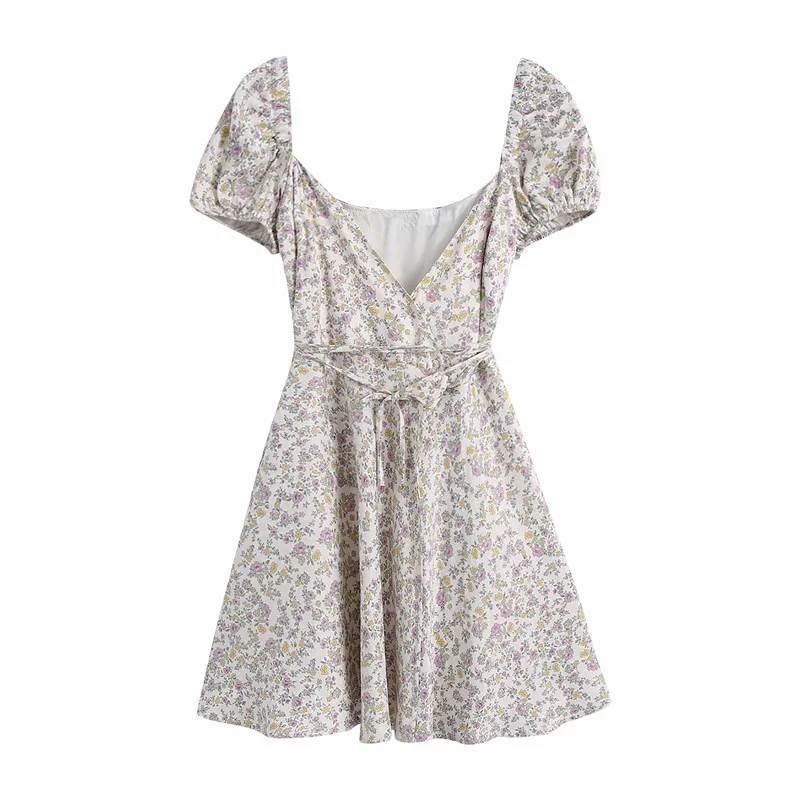 

Sweet Ladies College Style Cute Dress Women V Neck Draw Back Dress Summer Fashion Female Silk Texture Print Dress
